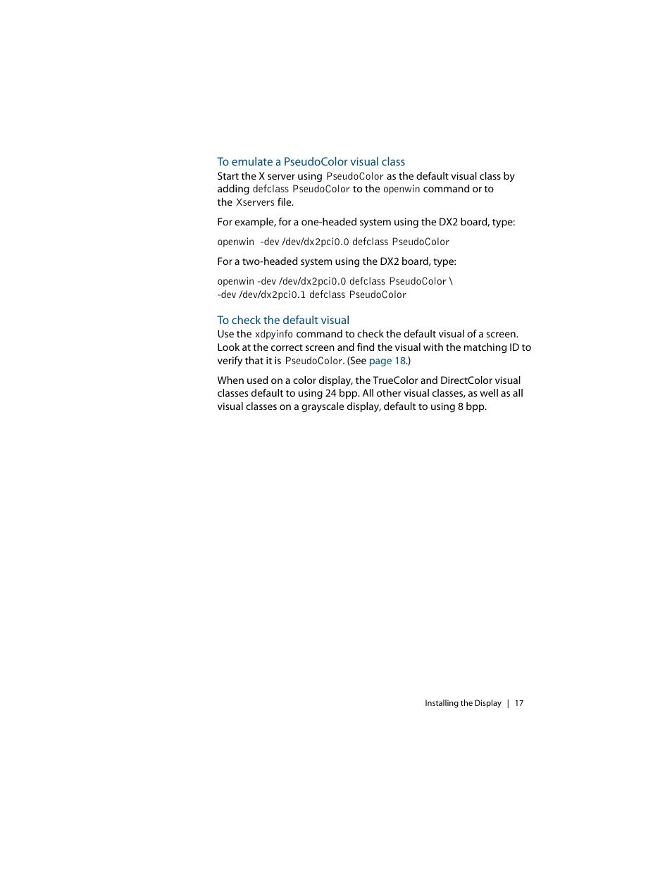 To emulate a pseudocolor visual class, To check the default visual | Planar C3i/EX User Manual | Page 27 / 64