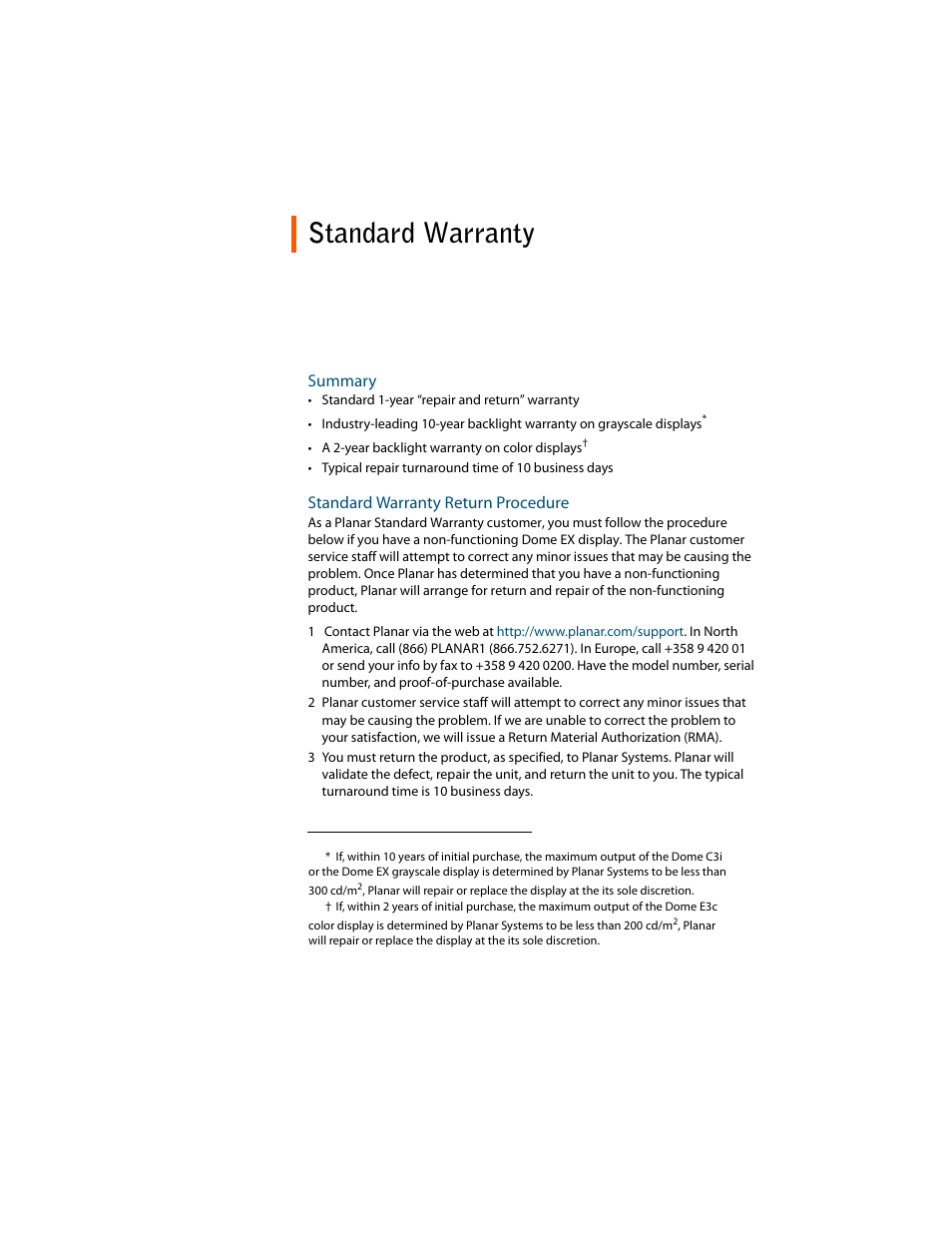 Standard warranty | Planar C3i/EX User Manual | Page 61 / 64