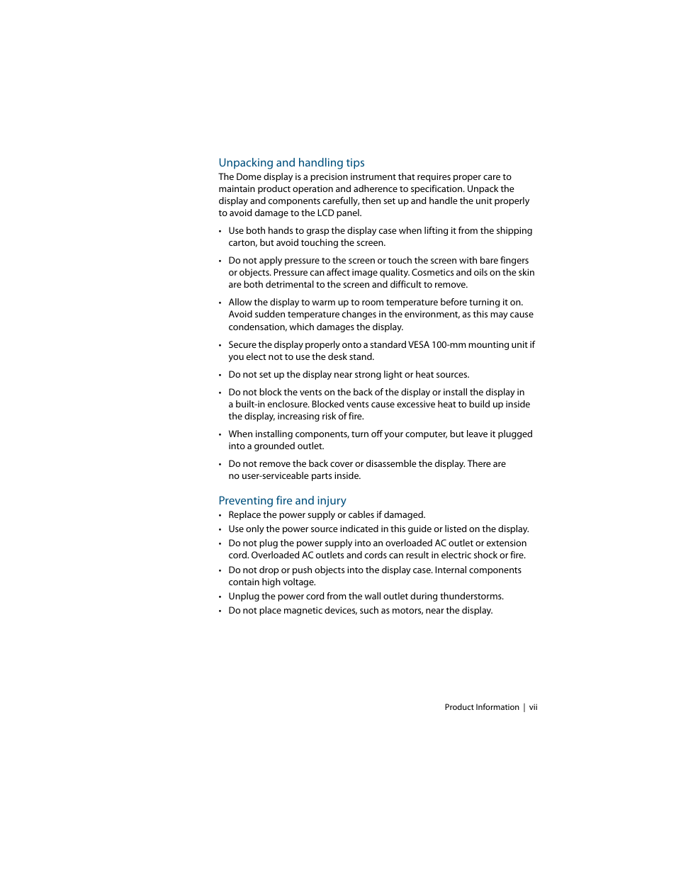 Unpacking and handling tips, Preventing fire and injury | Planar C3i/EX User Manual | Page 7 / 64
