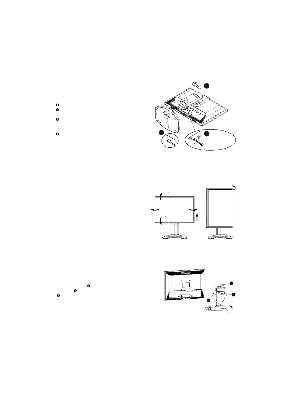 Connecting the lcd monitor and base, Optional mounting alternatives, Tilt, swivel and pivot rotation | Detaching lcd monitor from its stand, Warning | Planar PL1911MW User Manual | Page 6 / 20