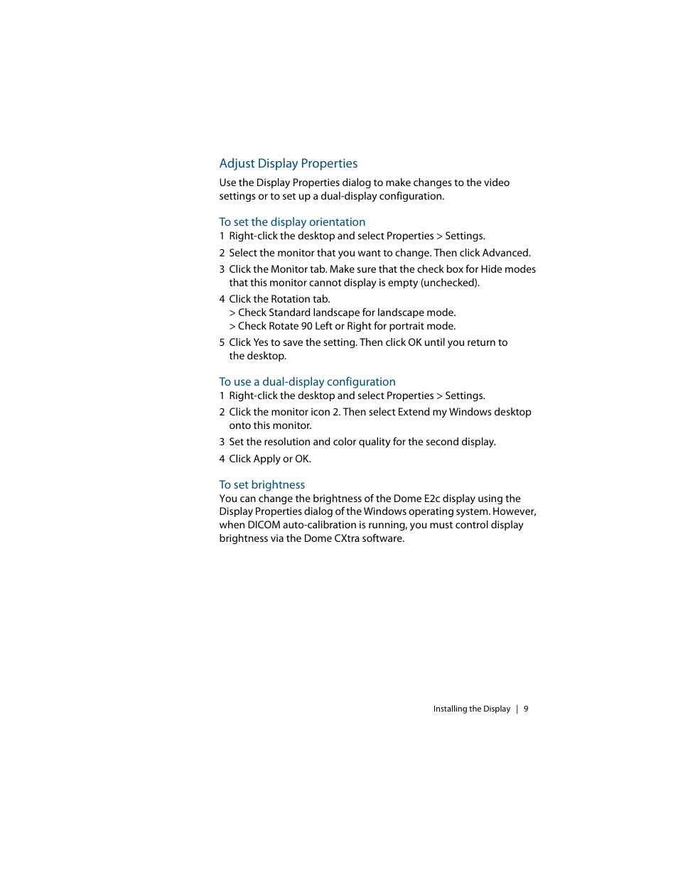 Adjust display properties, To set the display orientation, To use a dual-display configuration | To set brightness | Planar E2c Display User Manual | Page 19 / 38