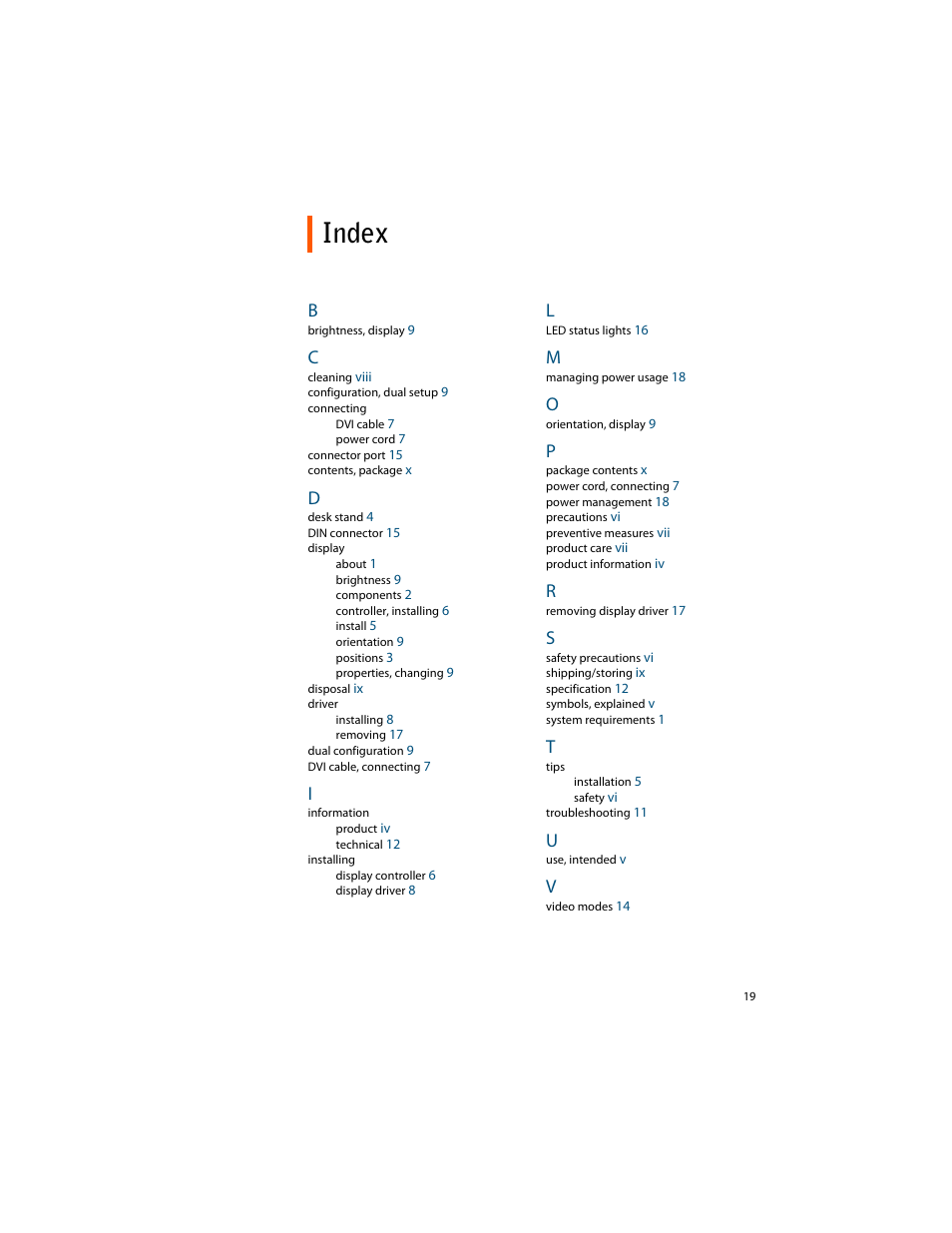 Index | Planar E2c Display User Manual | Page 29 / 38