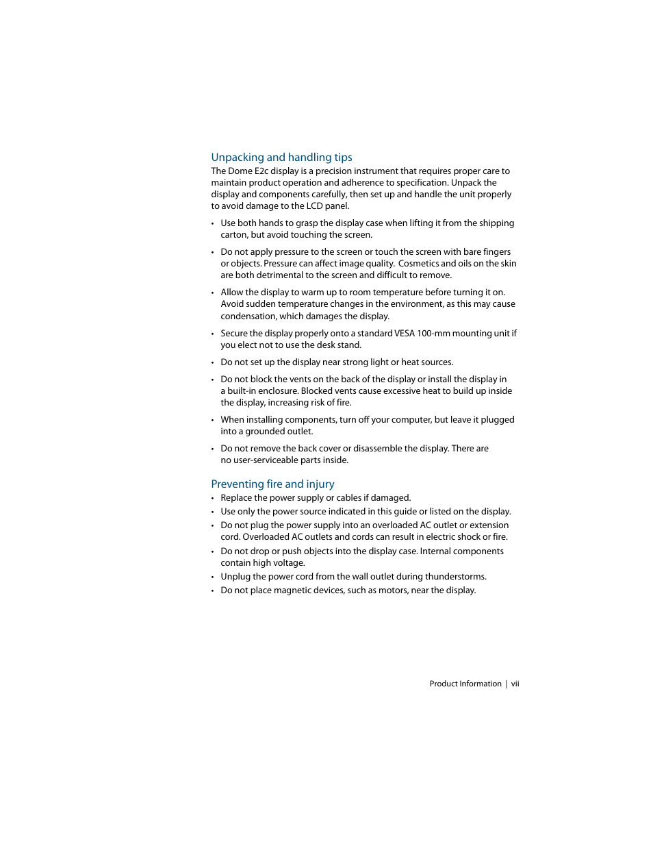 Unpacking and handling tips, Preventing fire and injury | Planar E2c Display User Manual | Page 7 / 38