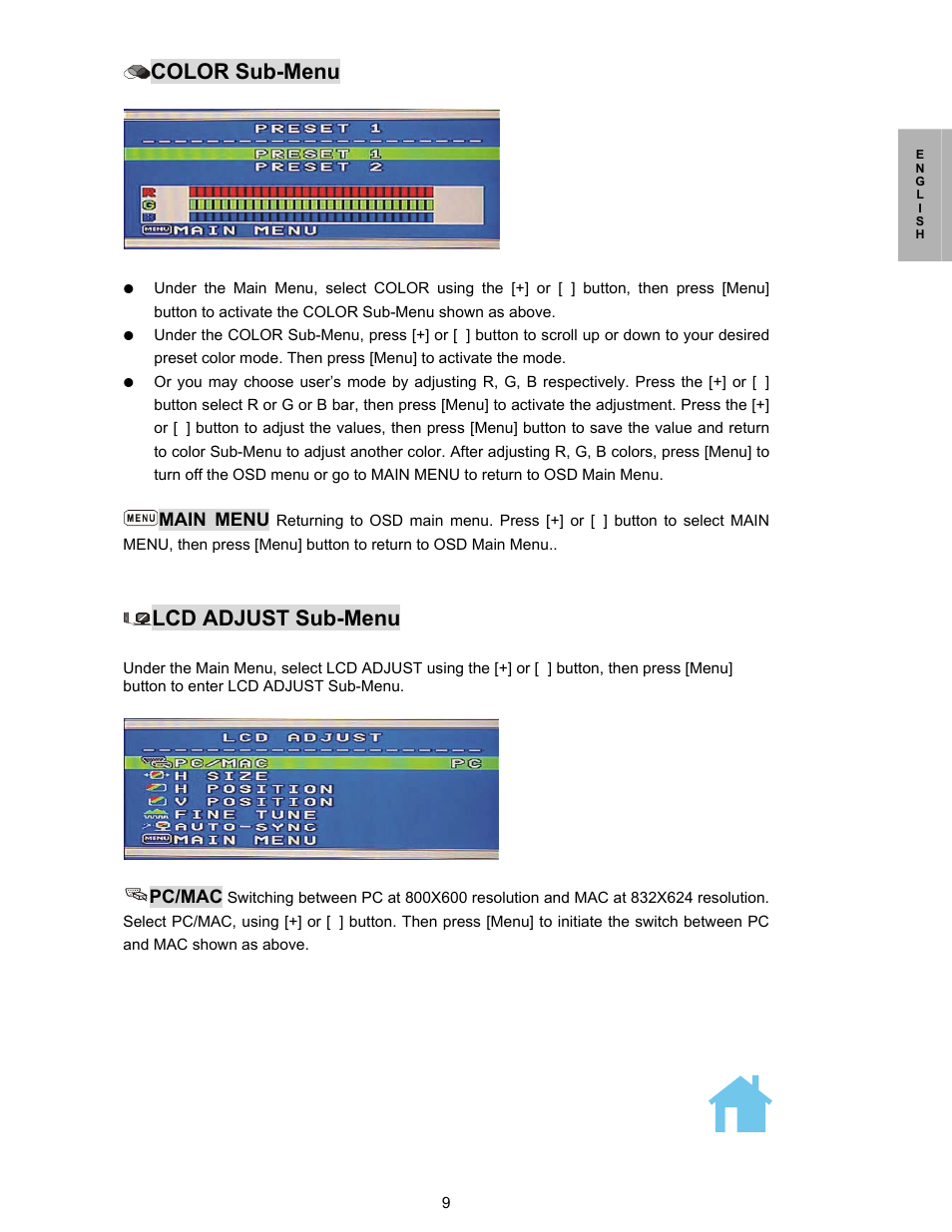 Osd main menu, Color sub-menu, Lcd adjust sub-menu | Planar PL150 User Manual | Page 10 / 17