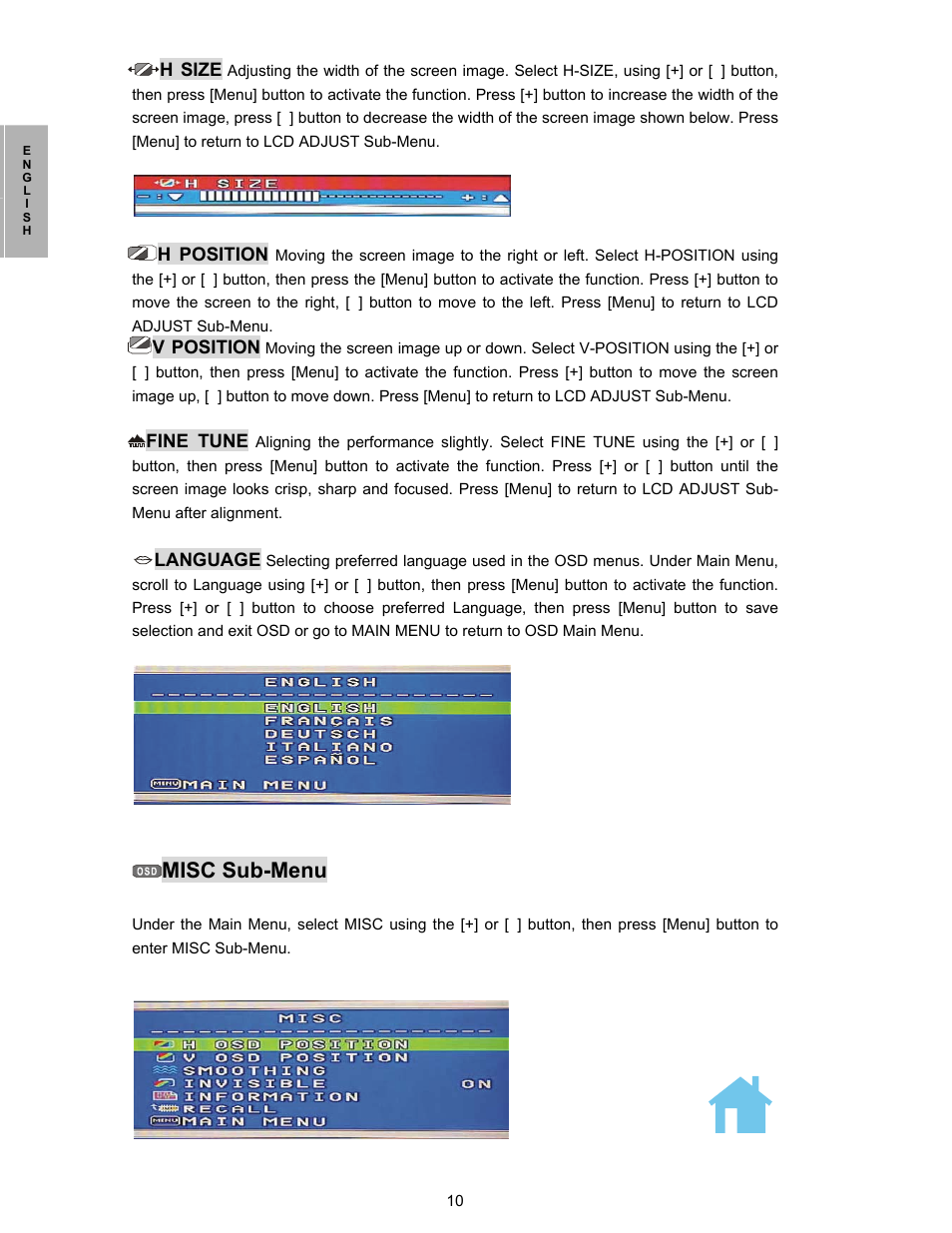 Lcd-adjust sub-menu, Misc sub-menu | Planar PL150 User Manual | Page 11 / 17