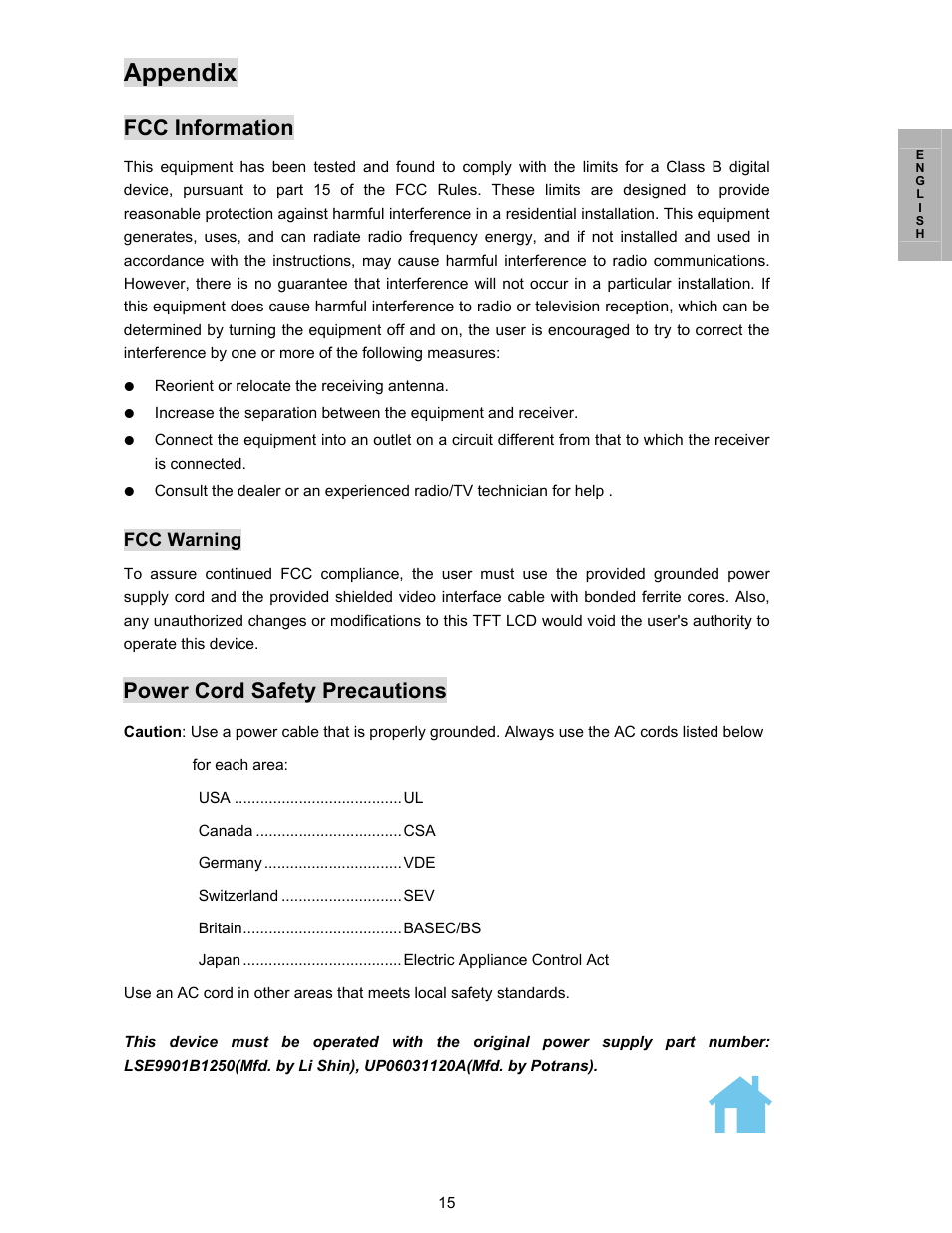 Fcc information, Appendix, Power cord safety precautions | Planar PL150 User Manual | Page 16 / 17