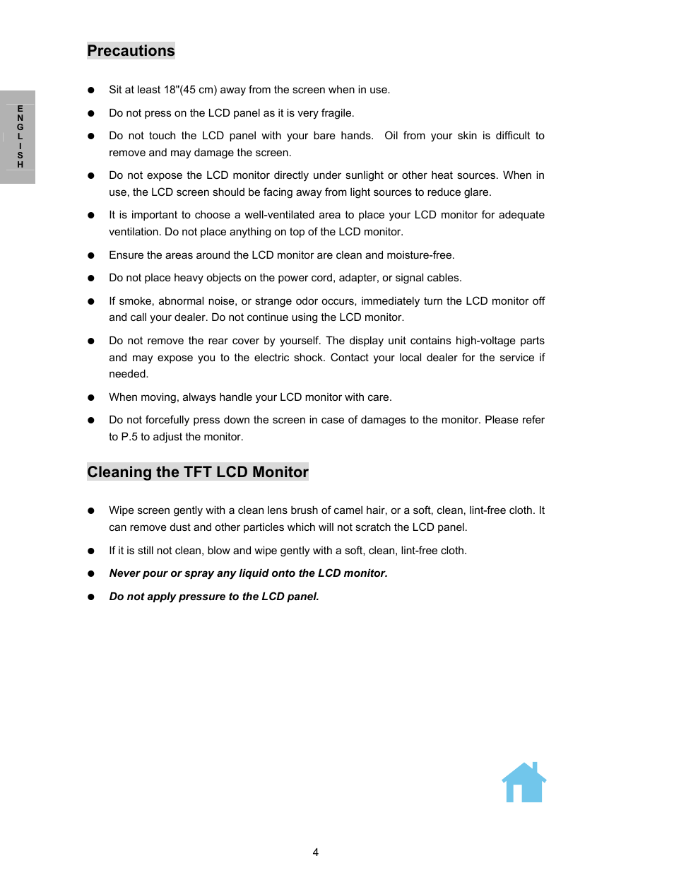 Unique features, Precautions, Cleaning the tft lcd monitor | Planar PL150 User Manual | Page 5 / 17