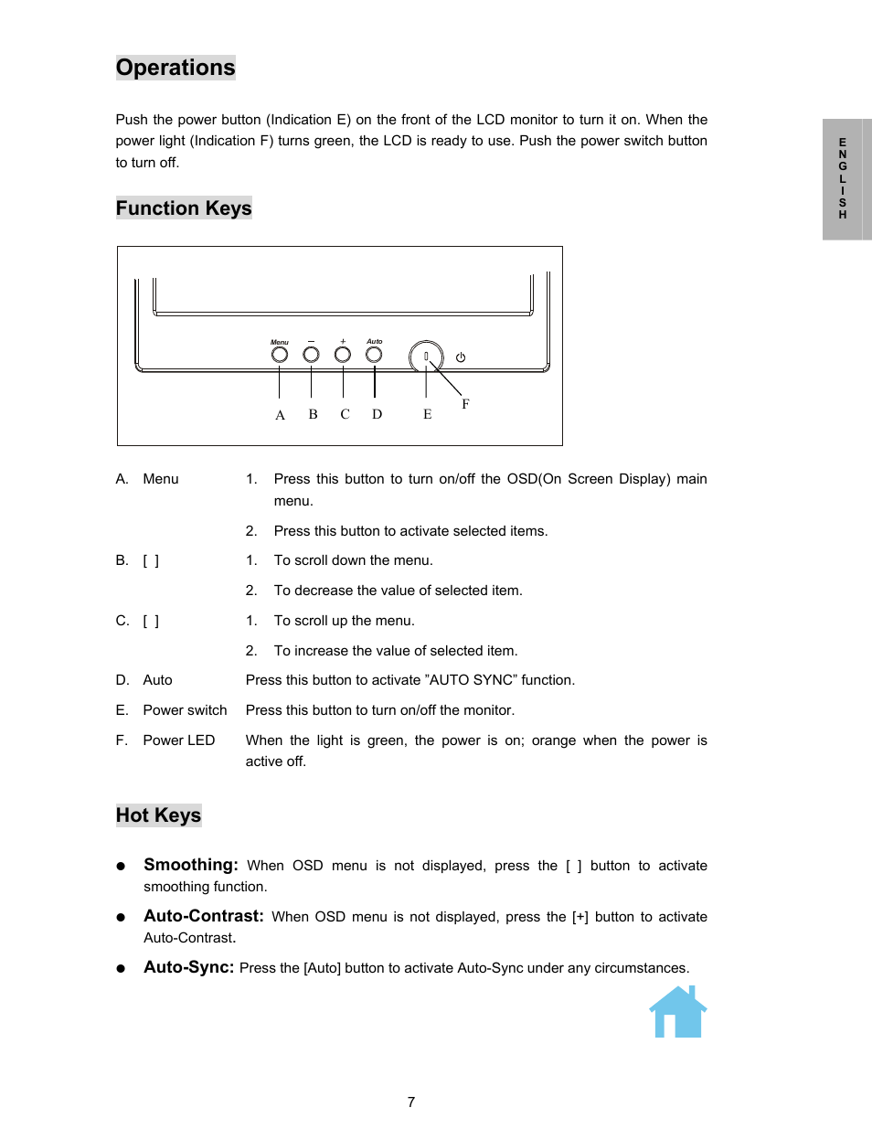 Function key, Operations, Function keys | Hot keys | Planar PL150 User Manual | Page 8 / 17