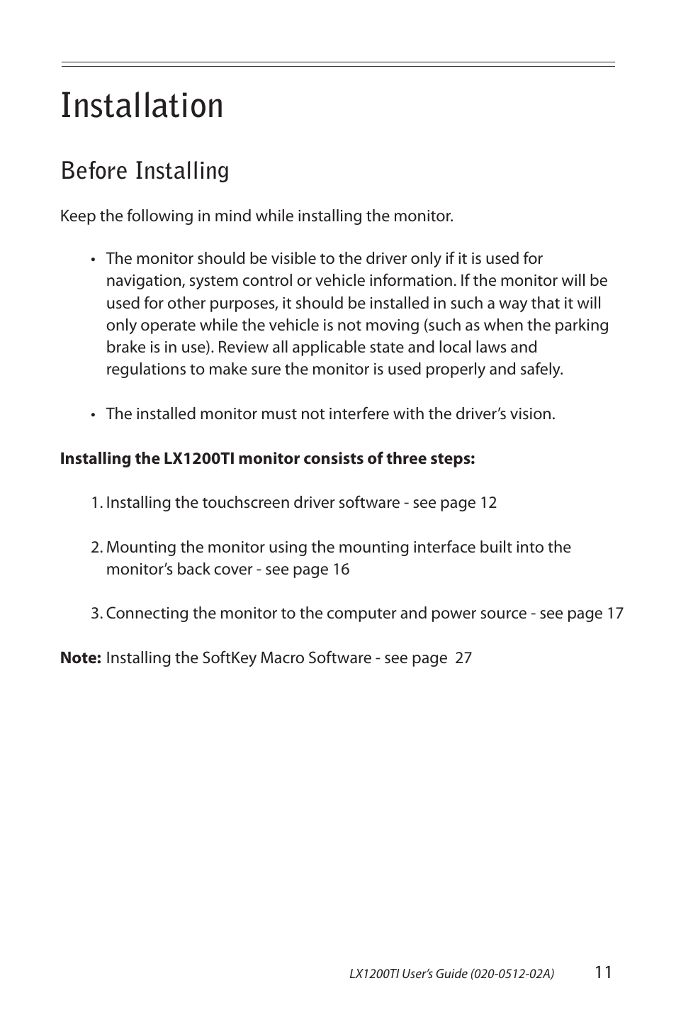 Installation, Before installing | Planar LX1200TI User Manual | Page 11 / 29