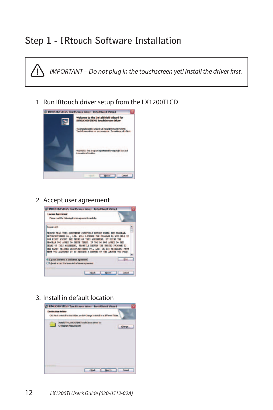 Step 1 - irtouch software installation | Planar LX1200TI User Manual | Page 12 / 29