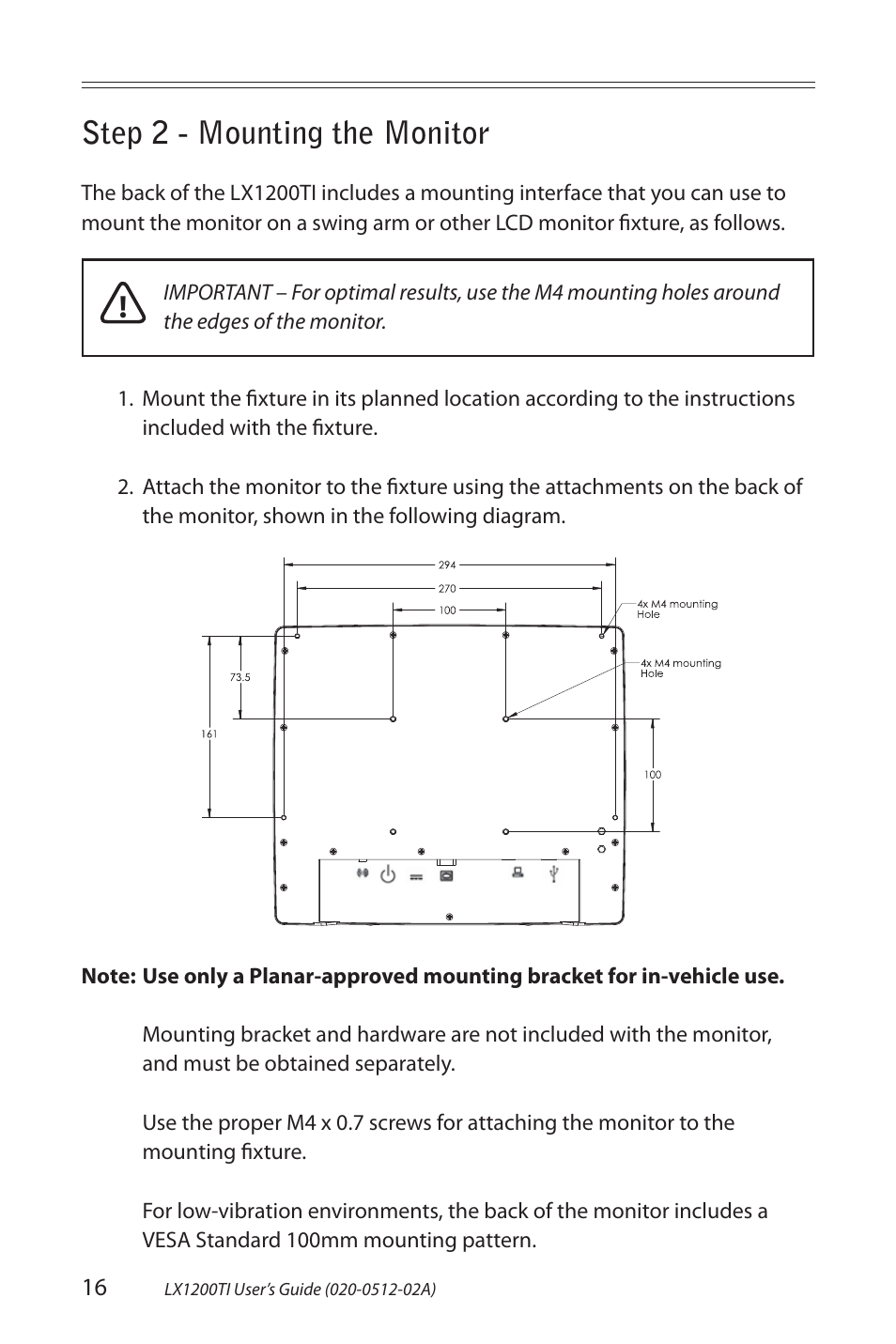 Step 2 - mounting the monitor | Planar LX1200TI User Manual | Page 16 / 29