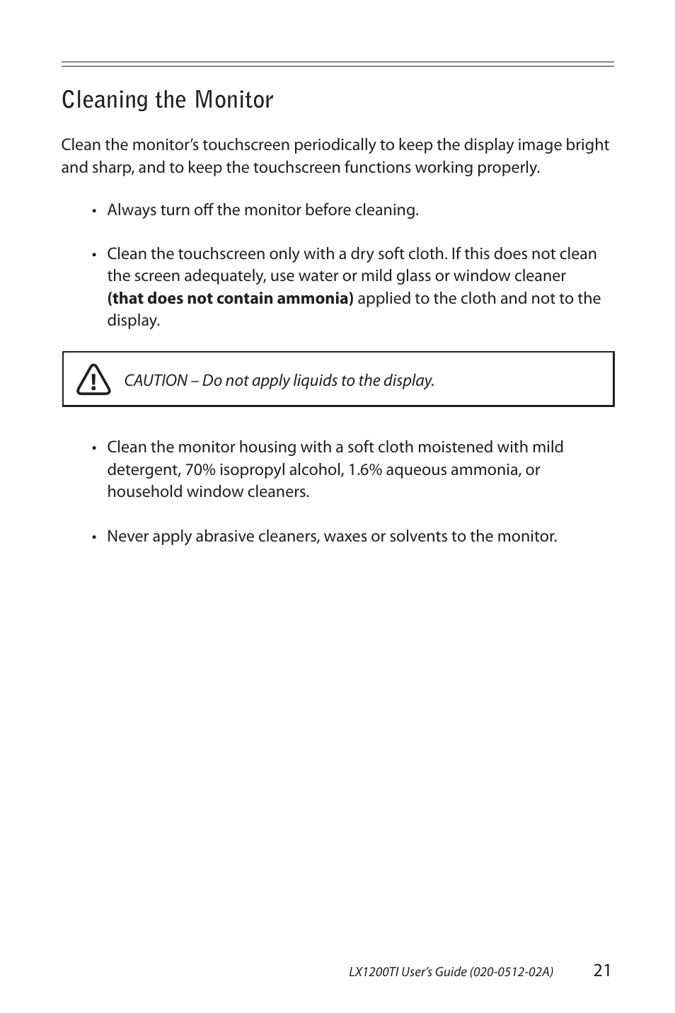 Cleaning the monitor | Planar LX1200TI User Manual | Page 21 / 29