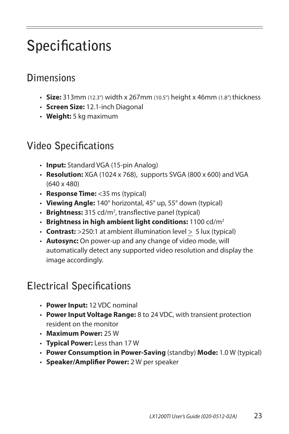 Speciﬁ cations, Dimensions, Video speciﬁ cations | Electrical speciﬁ cations | Planar LX1200TI User Manual | Page 23 / 29