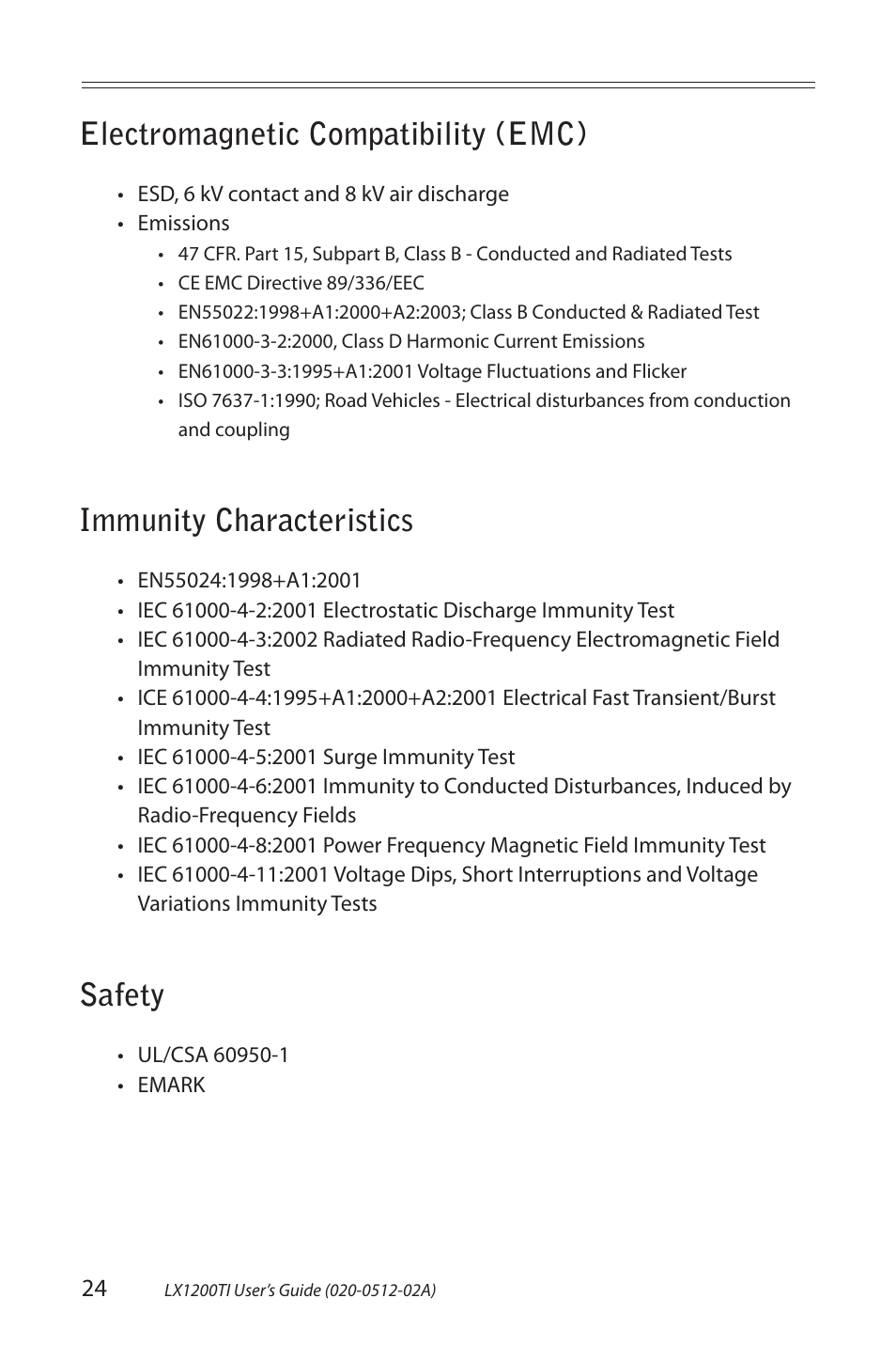 Electromagnetic compatibility (emc), Immunity characteristics, Safety | Planar LX1200TI User Manual | Page 24 / 29