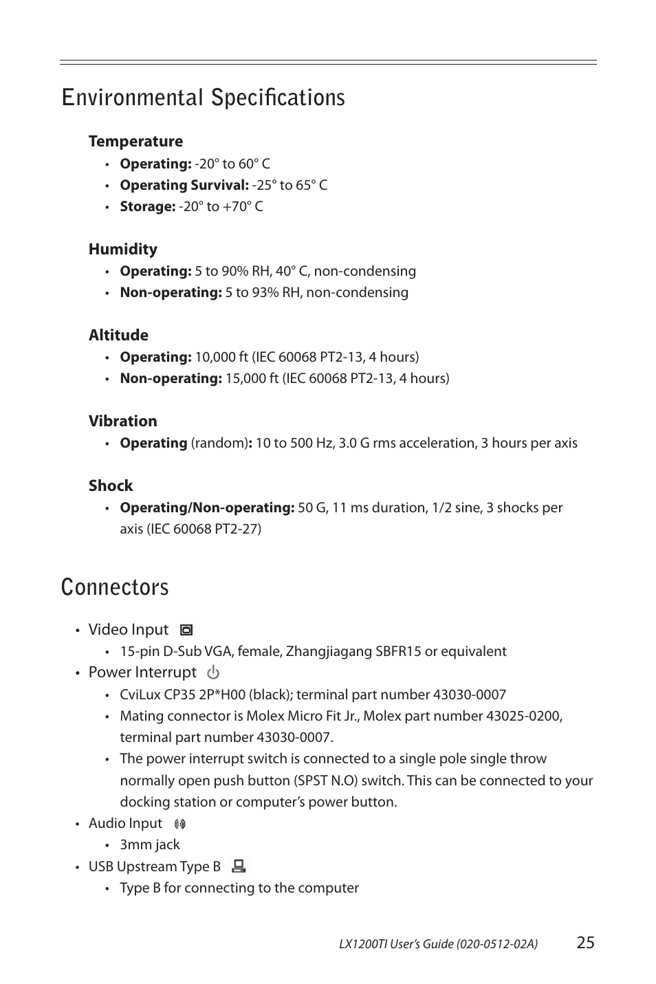 Environmental speciﬁ cations, Connectors | Planar LX1200TI User Manual | Page 25 / 29