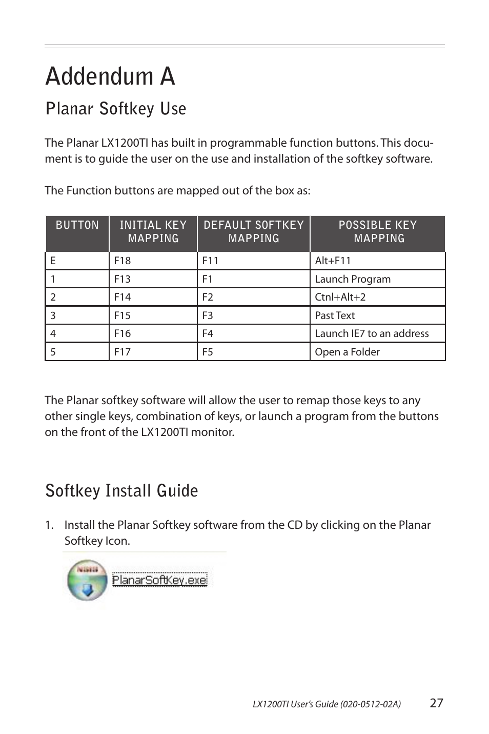 Addendum a, Planar softkey use, Softkey install guide | Planar LX1200TI User Manual | Page 27 / 29