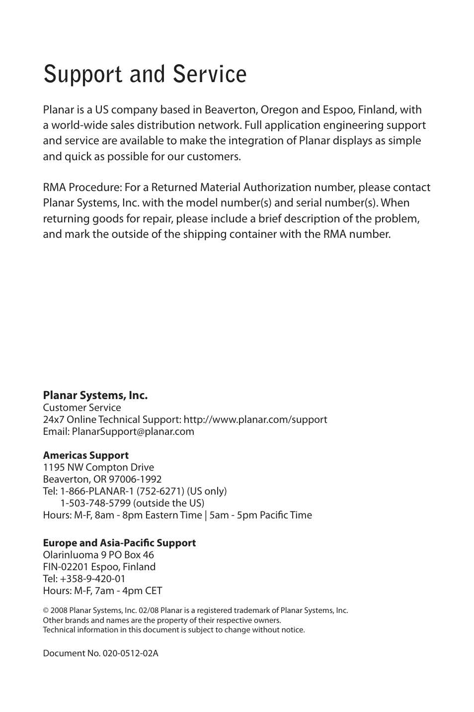 Support and service | Planar LX1200TI User Manual | Page 29 / 29