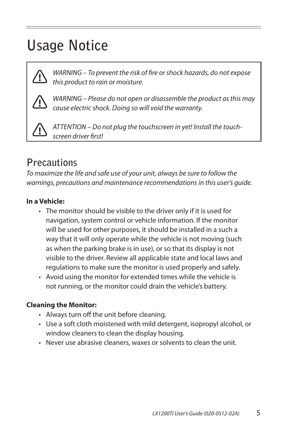 Usage notice, Precautions | Planar LX1200TI User Manual | Page 5 / 29
