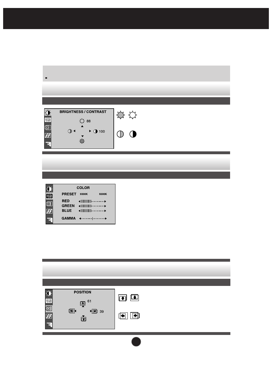 To customize the color of the screen, To adjust the position of the screen, On screen display(osd) selection and adjustment | Planar PQ170 User Manual | Page 10 / 16