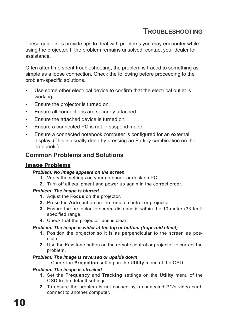 Common problems and solutions | Planar PD7060 User Manual | Page 10 / 152
