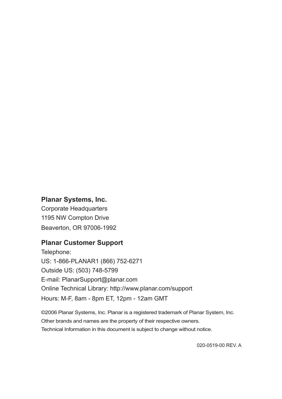 Planar systems, inc, Planar customer support | Planar PD7060 User Manual | Page 152 / 152