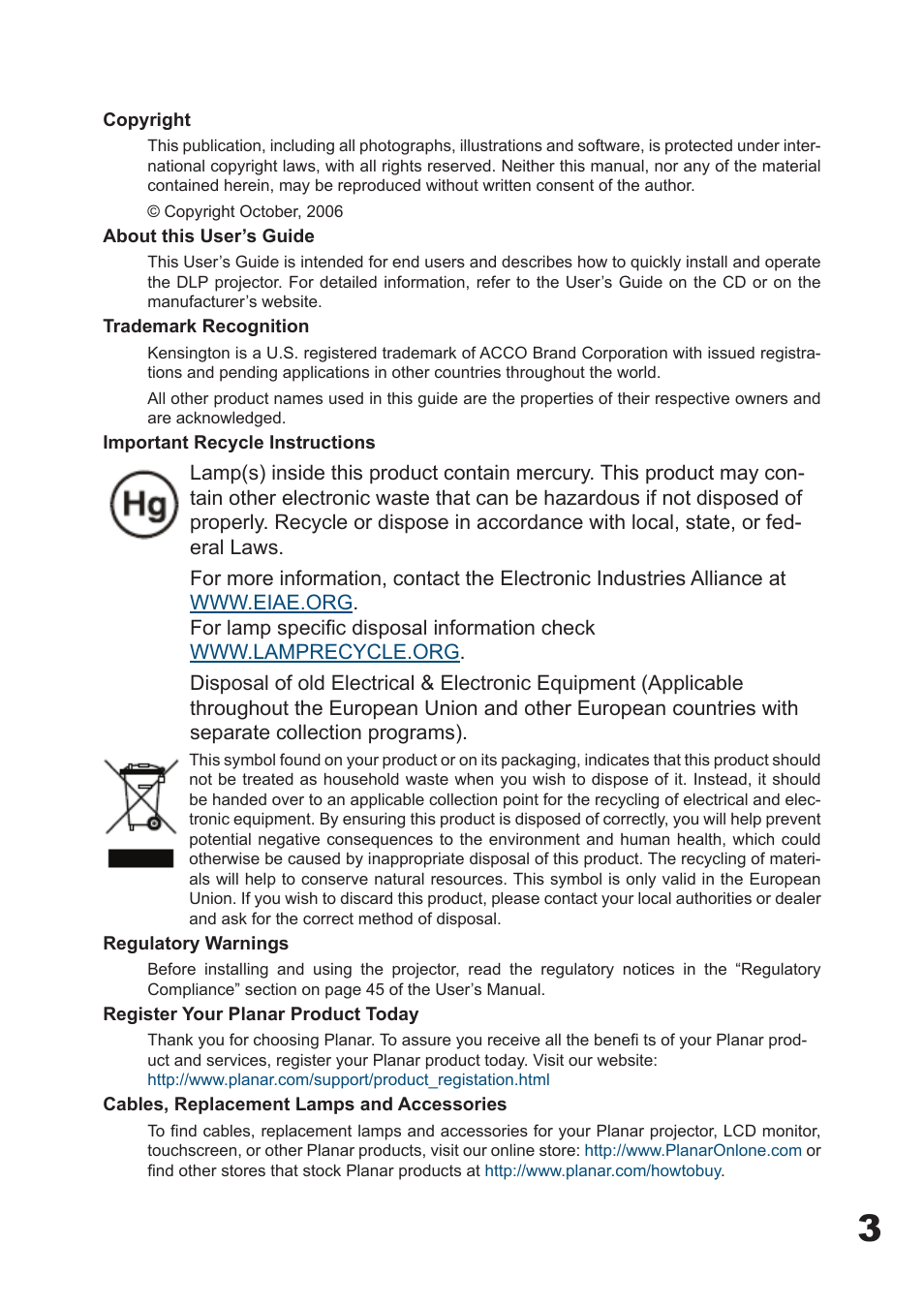 Planar PD7060 User Manual | Page 3 / 152