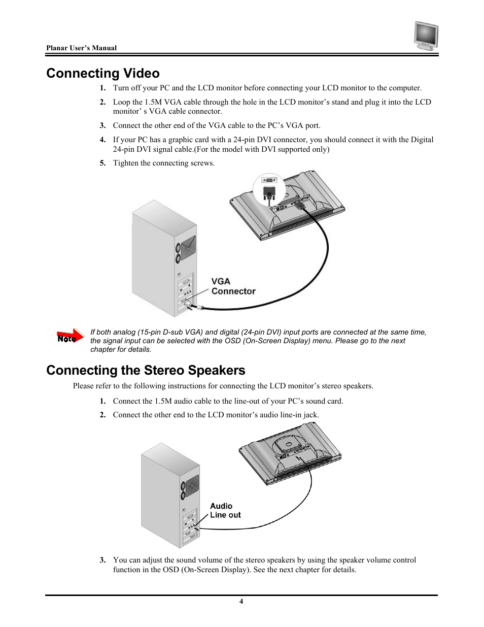 Connecting video, Connecting the stereo speakers | Planar PV174 User Manual | Page 10 / 20