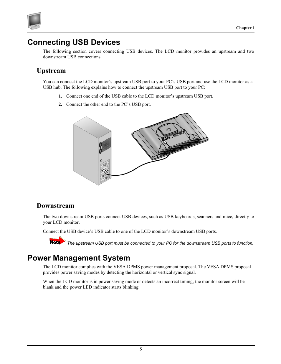 Connecting usb devices, Power management system, Upstream | Downstream | Planar PV174 User Manual | Page 11 / 20