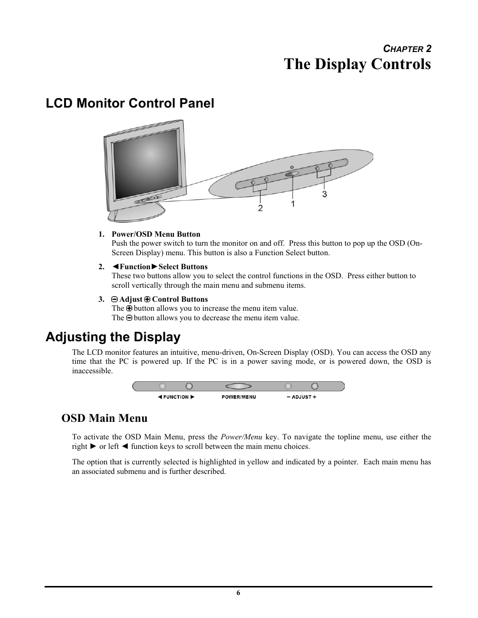 The display controls, Lcd monitor control panel, Adjusting the display | Osd main menu | Planar PV174 User Manual | Page 12 / 20