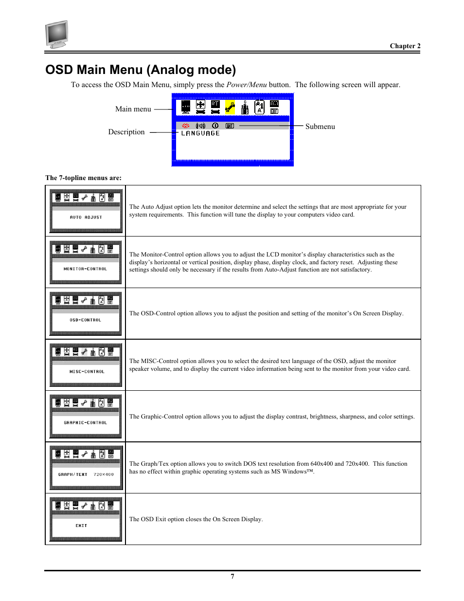Osd main menu (analog mode) | Planar PV174 User Manual | Page 13 / 20