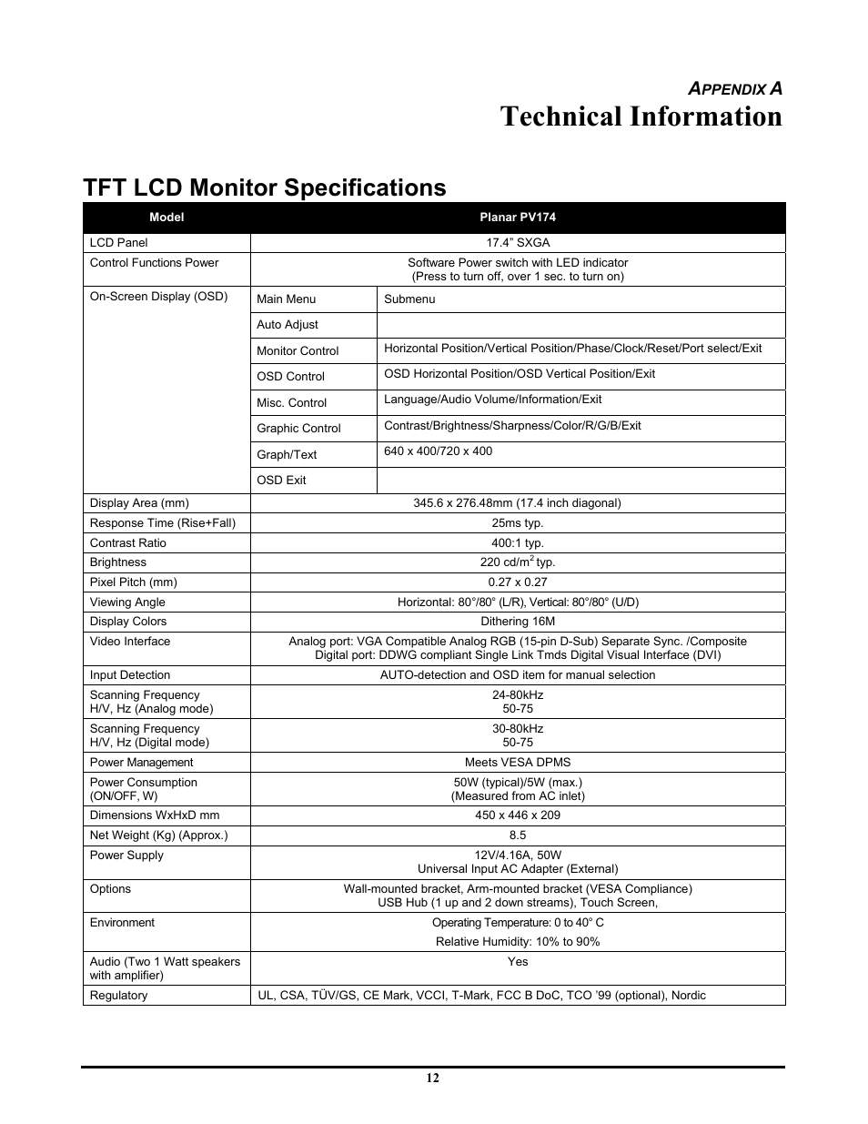 Technical information, Tft lcd monitor specifications | Planar PV174 User Manual | Page 18 / 20