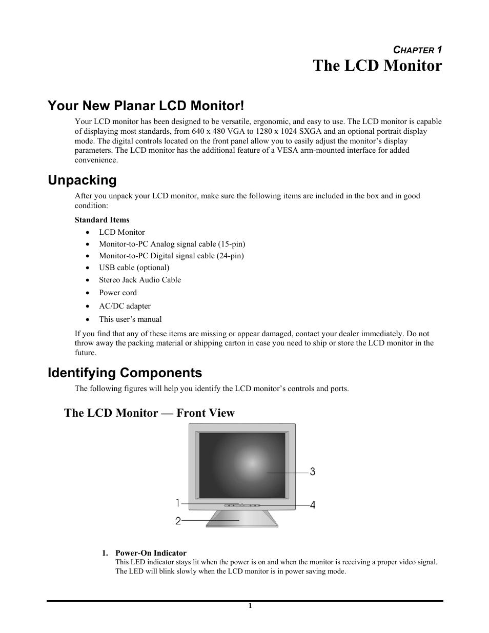 The lcd monitor, Your new planar lcd monitor, Unpacking | Identifying components, The lcd monitor — front view | Planar PV174 User Manual | Page 7 / 20