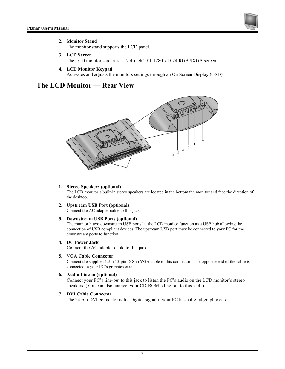 The lcd monitor — rear view | Planar PV174 User Manual | Page 8 / 20