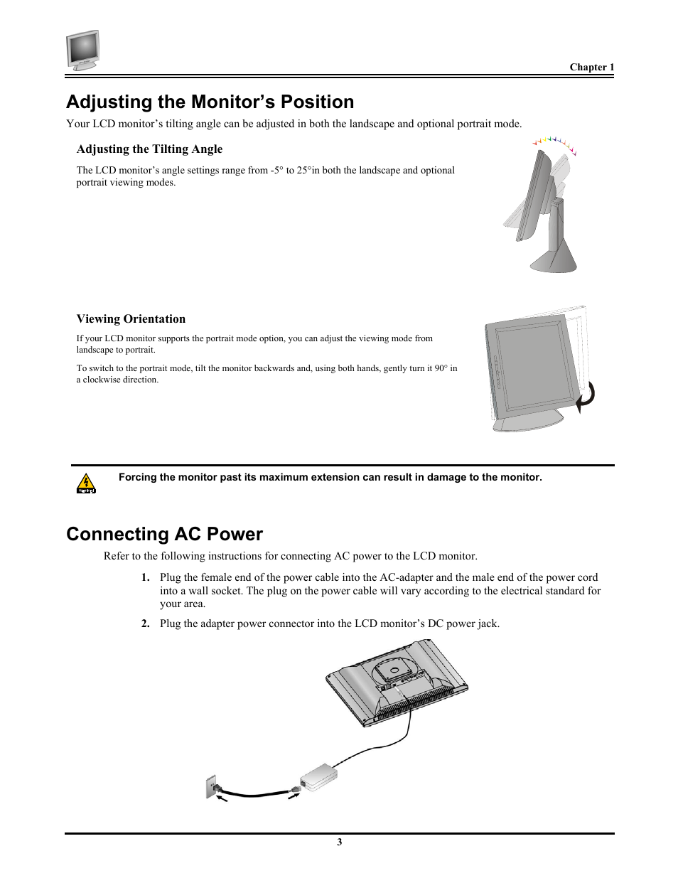 Adjusting the monitor’s position, Connecting ac power | Planar PV174 User Manual | Page 9 / 20