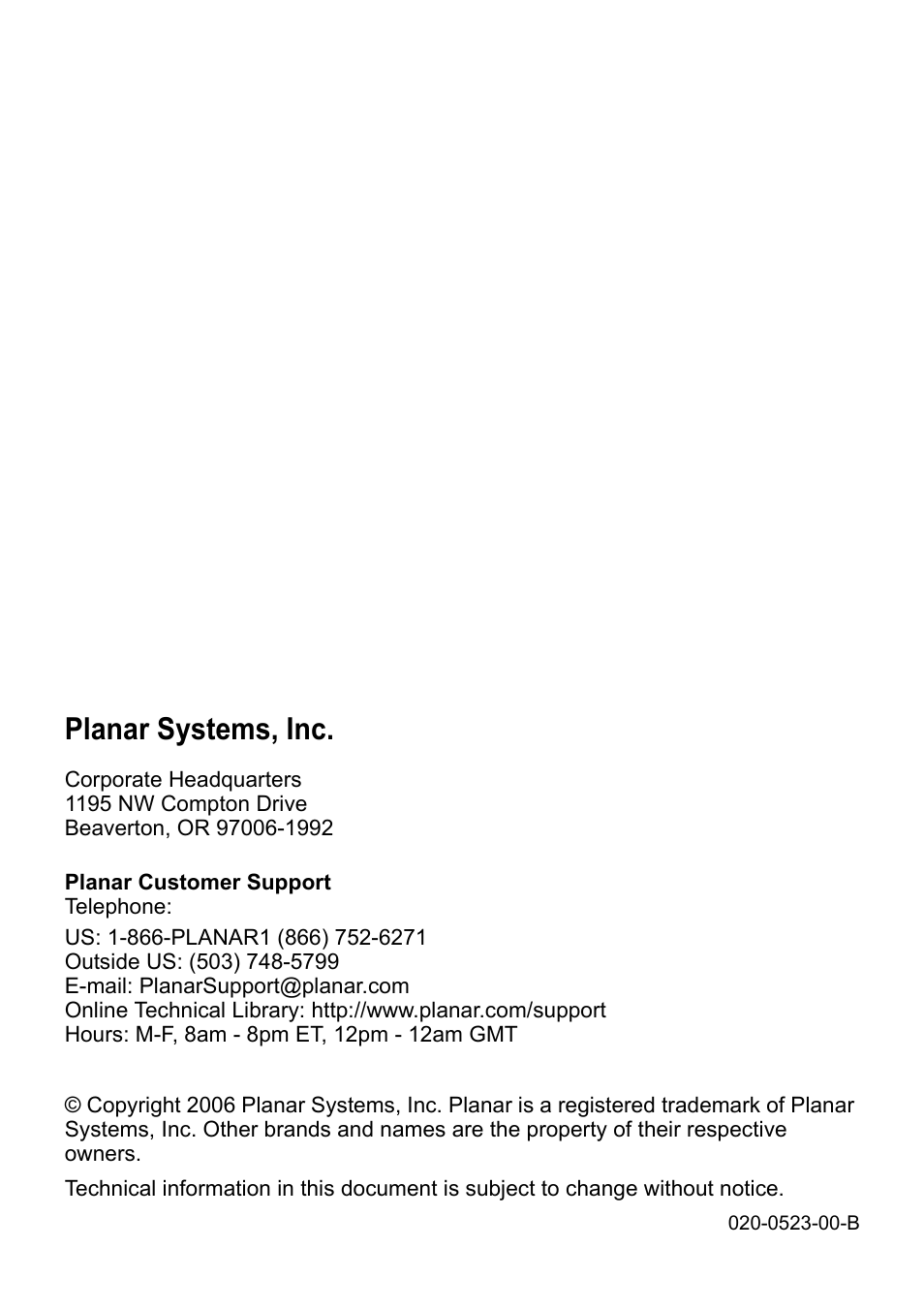 Planar systems, inc | Planar DLP PD7150 User Manual | Page 23 / 23