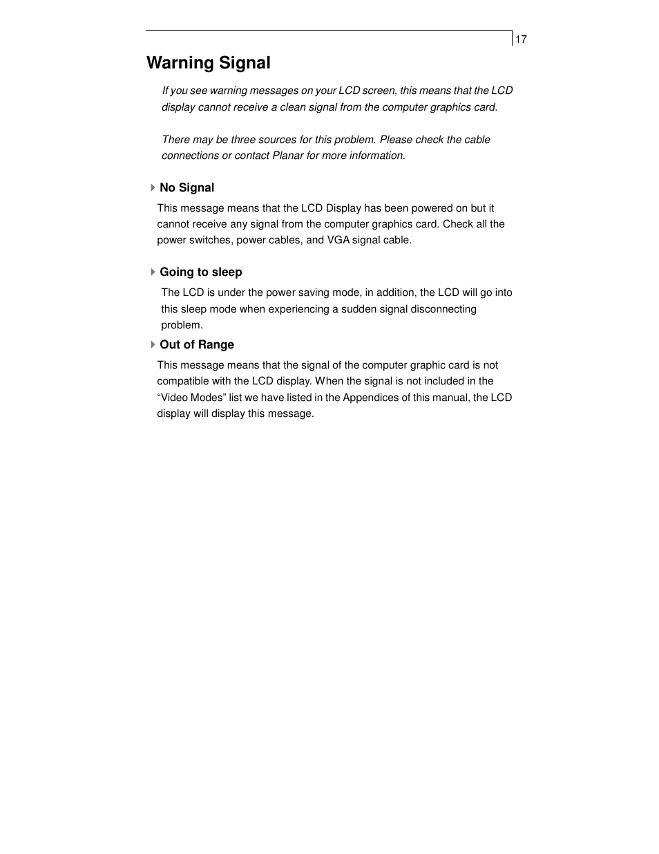 Warning signal | Planar PT1501MX User Manual | Page 19 / 28