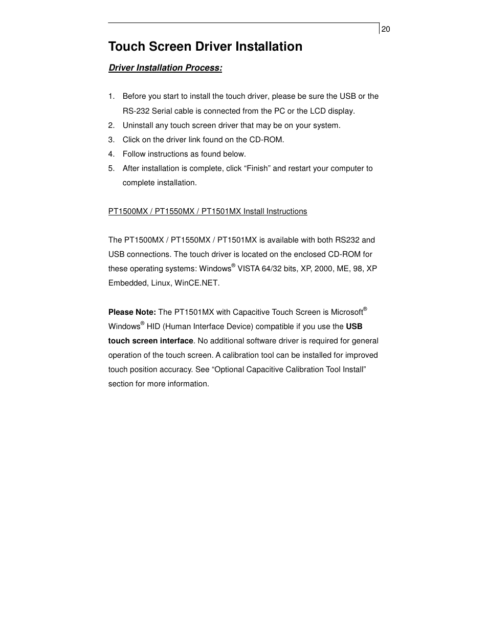 Touch screen driver installation | Planar PT1501MX User Manual | Page 22 / 28