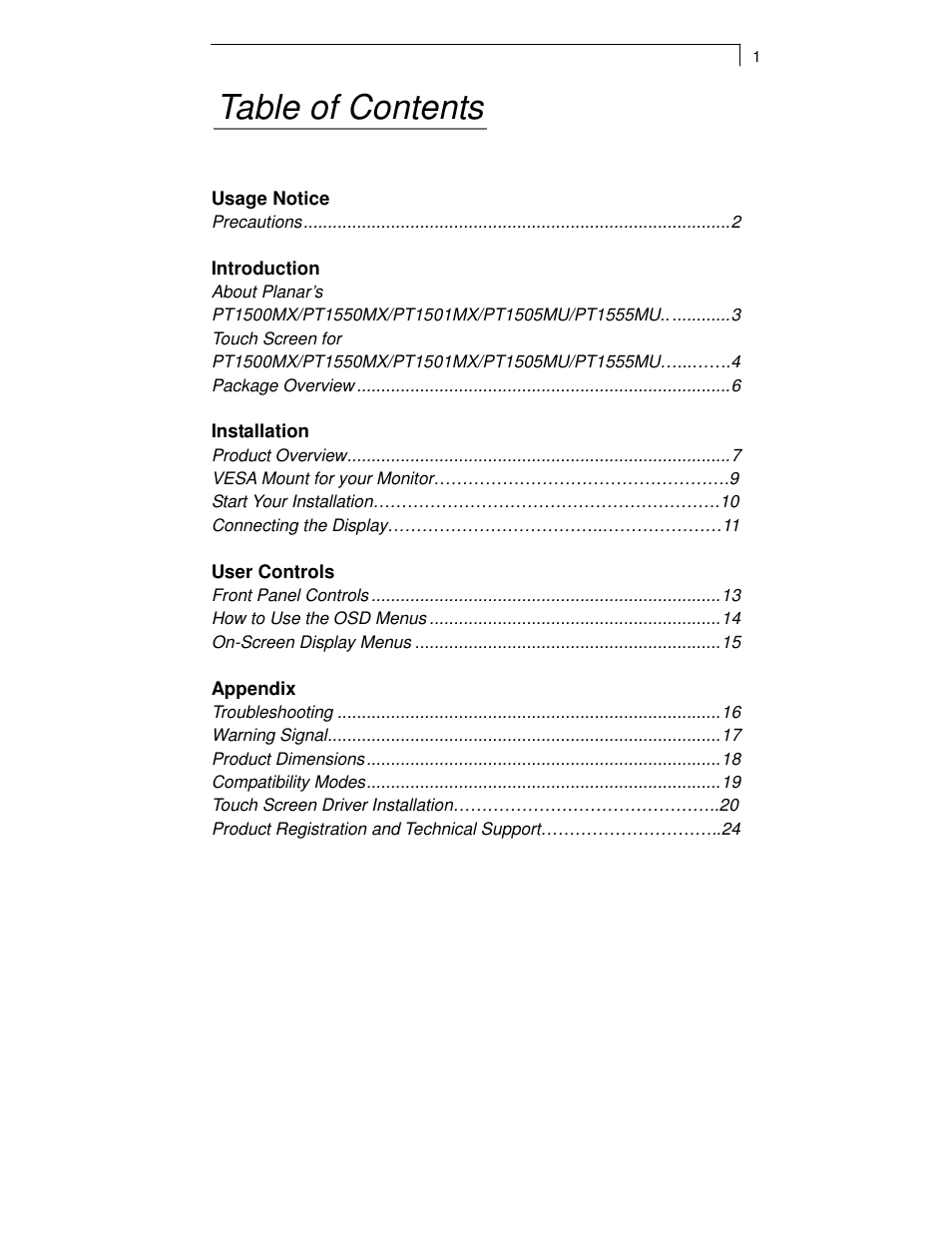 Planar PT1501MX User Manual | Page 3 / 28