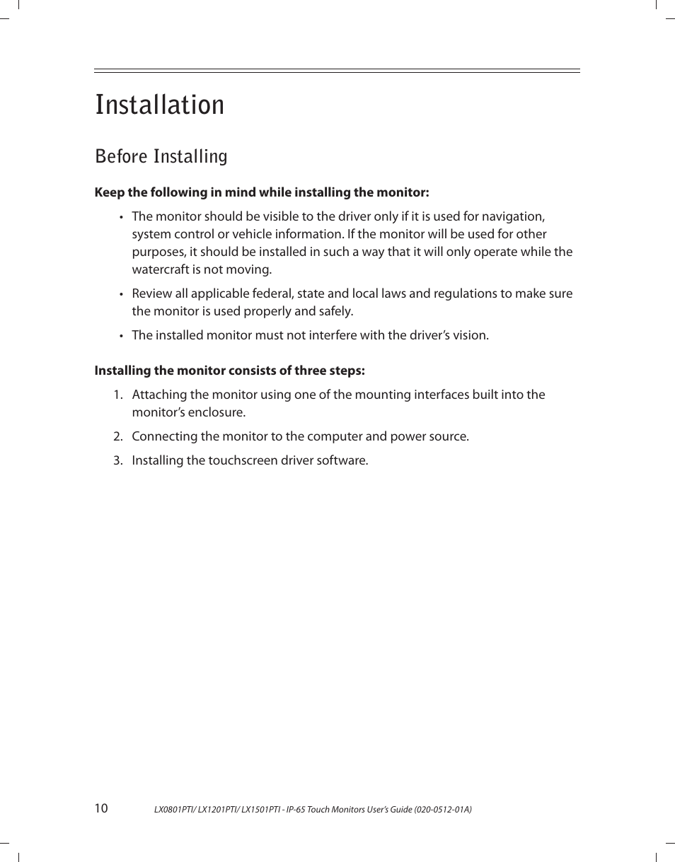 Installation, Before installing | Planar LX1201PTI User Manual | Page 10 / 27