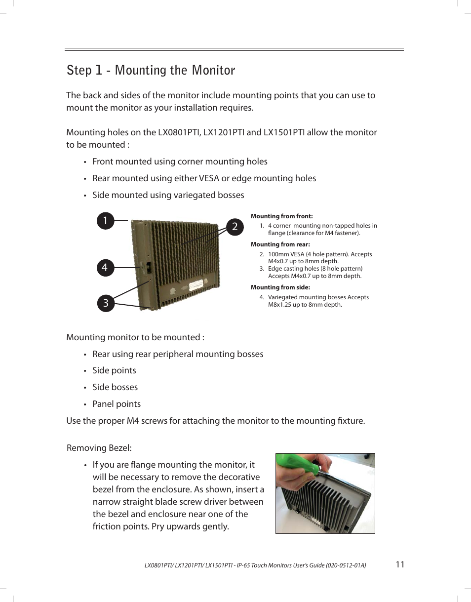 Step 1 - mounting the monitor | Planar LX1201PTI User Manual | Page 11 / 27