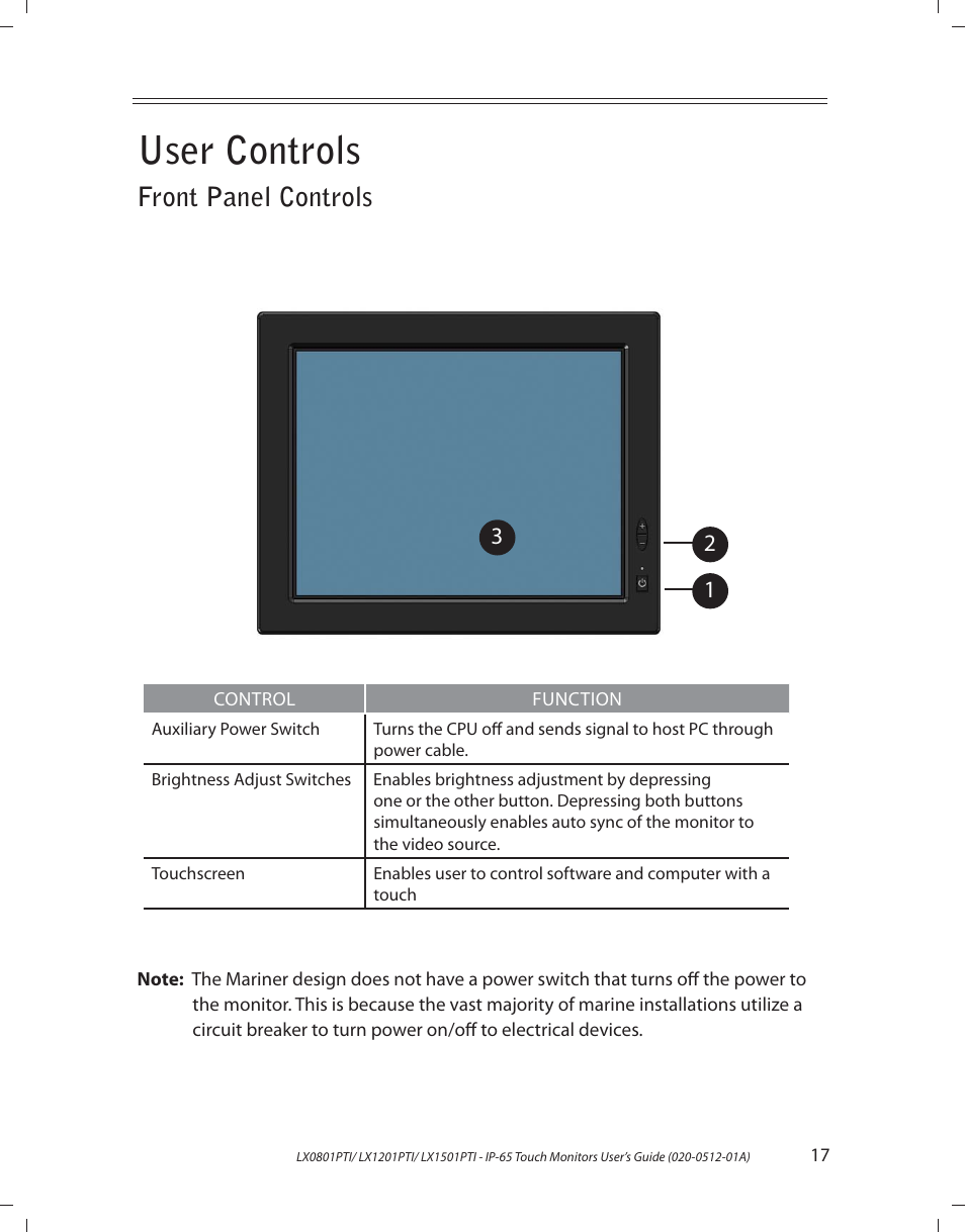 User controls, Front panel controls | Planar LX1201PTI User Manual | Page 17 / 27