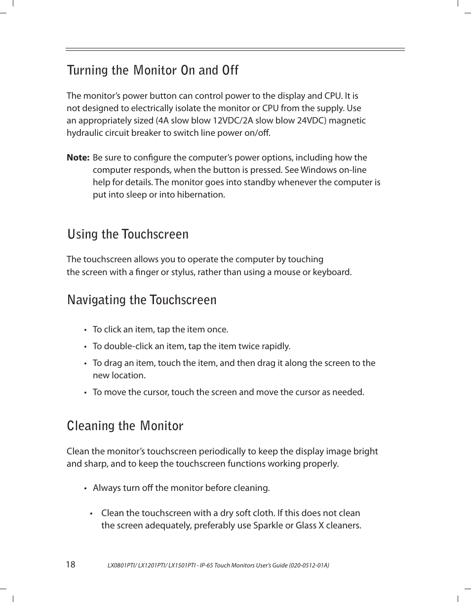 Turning the monitor on and off, Using the touchscreen, Navigating the touchscreen | Cleaning the monitor | Planar LX1201PTI User Manual | Page 18 / 27