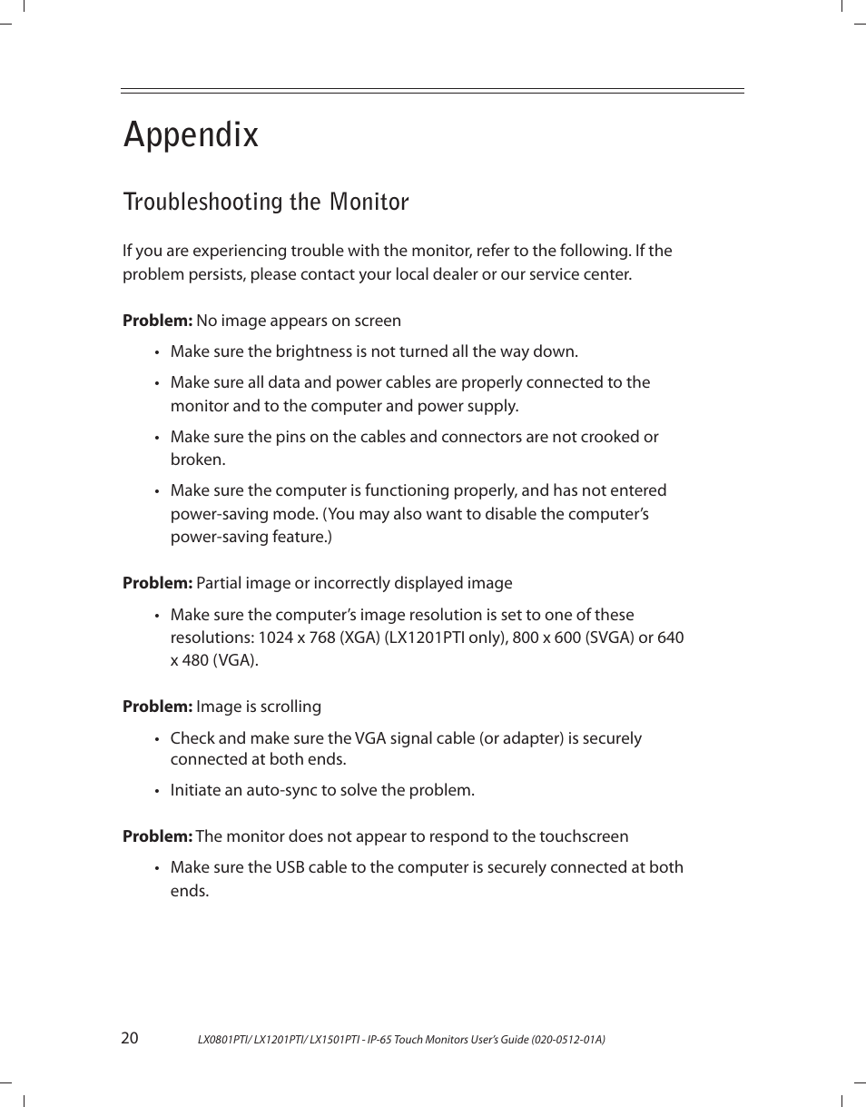 Appendix, Troubleshooting the monitor | Planar LX1201PTI User Manual | Page 20 / 27