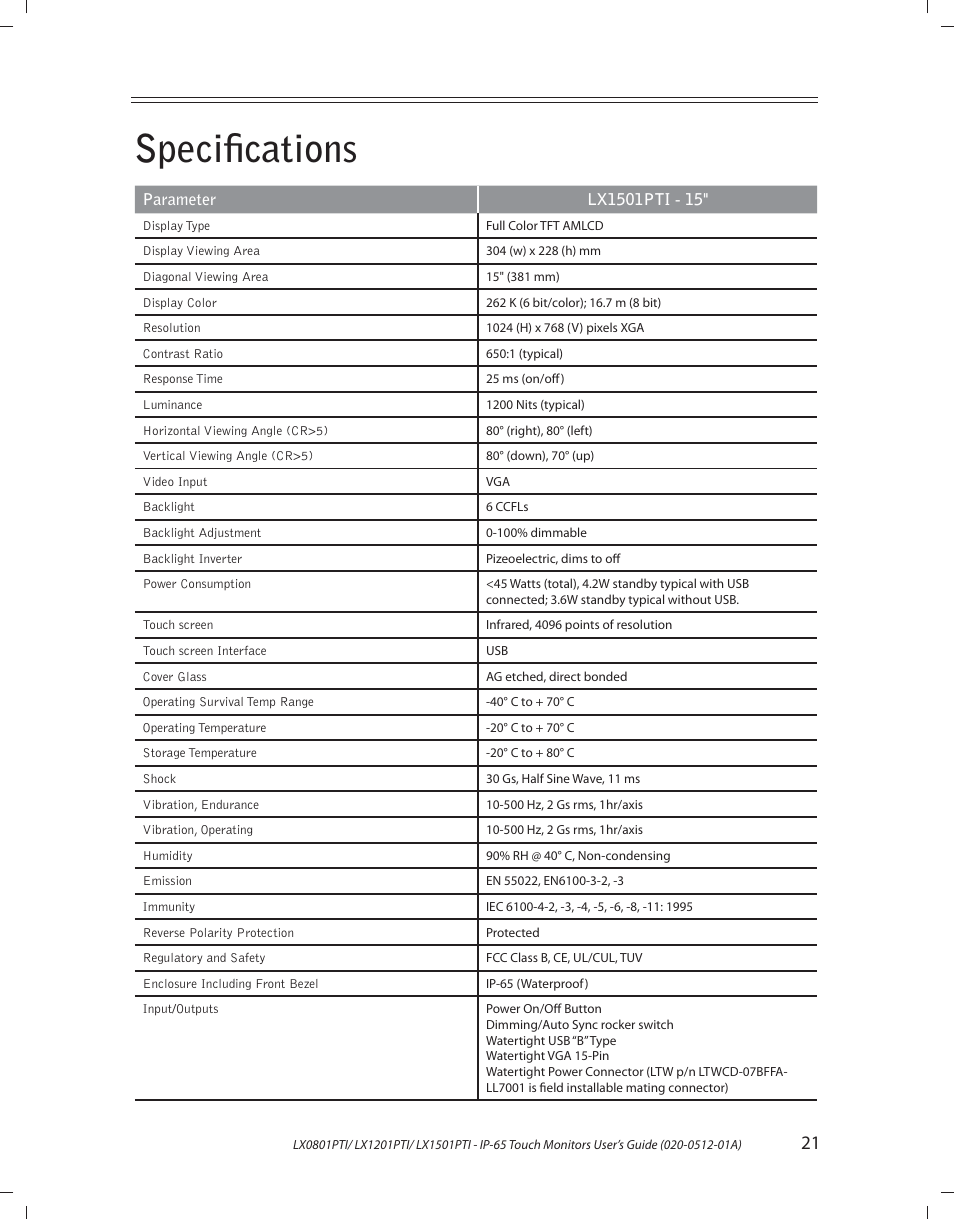 Speciﬁ cations | Planar LX1201PTI User Manual | Page 21 / 27