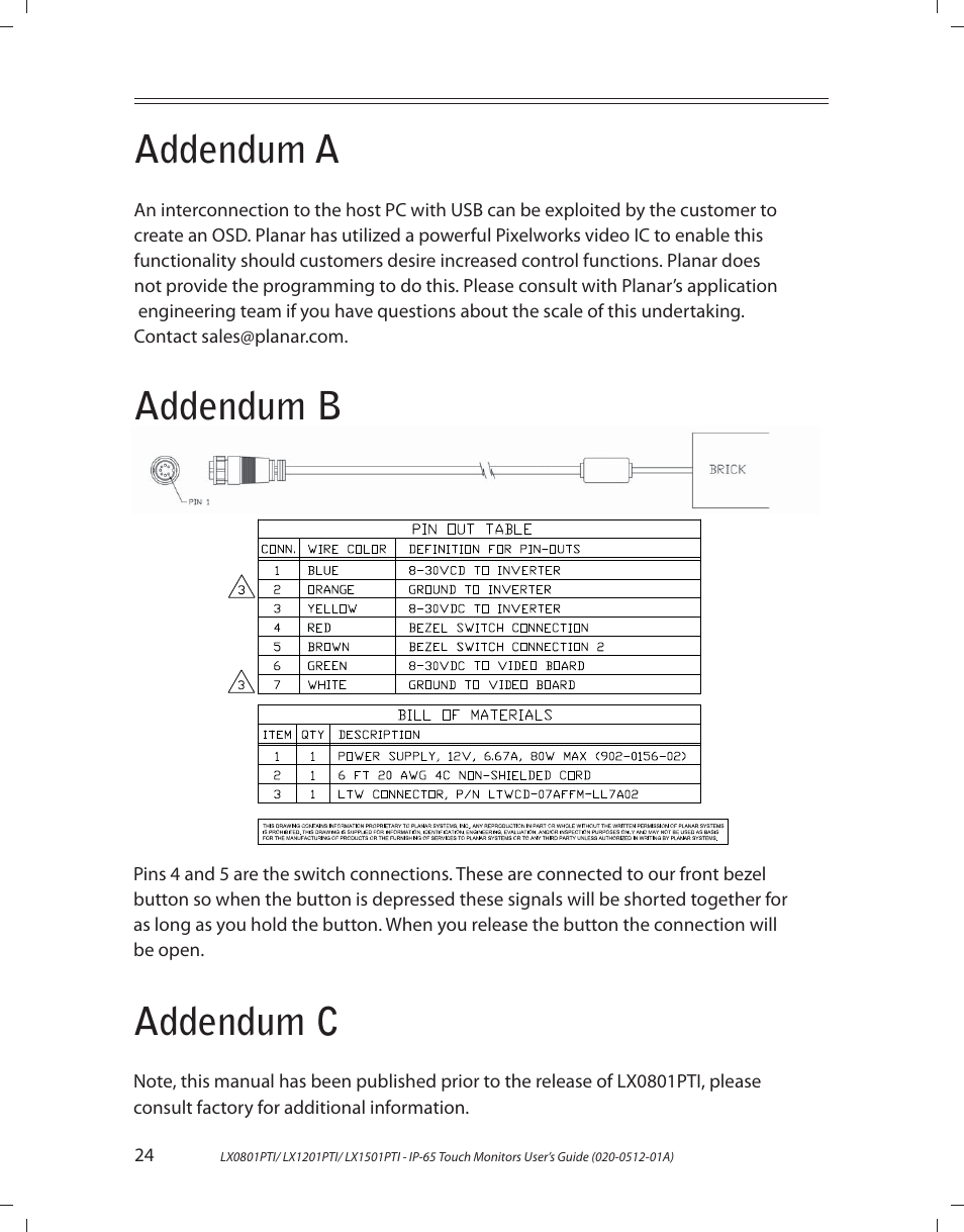 Addendum a, Addendum b addendum c | Planar LX1201PTI User Manual | Page 24 / 27