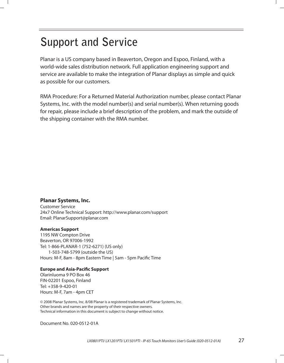 Support and service | Planar LX1201PTI User Manual | Page 27 / 27