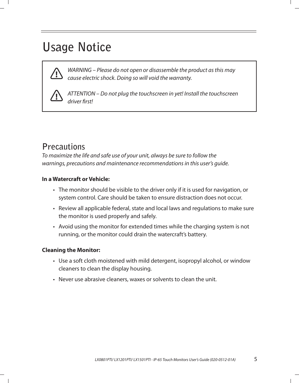 Usage notice, Precautions | Planar LX1201PTI User Manual | Page 5 / 27