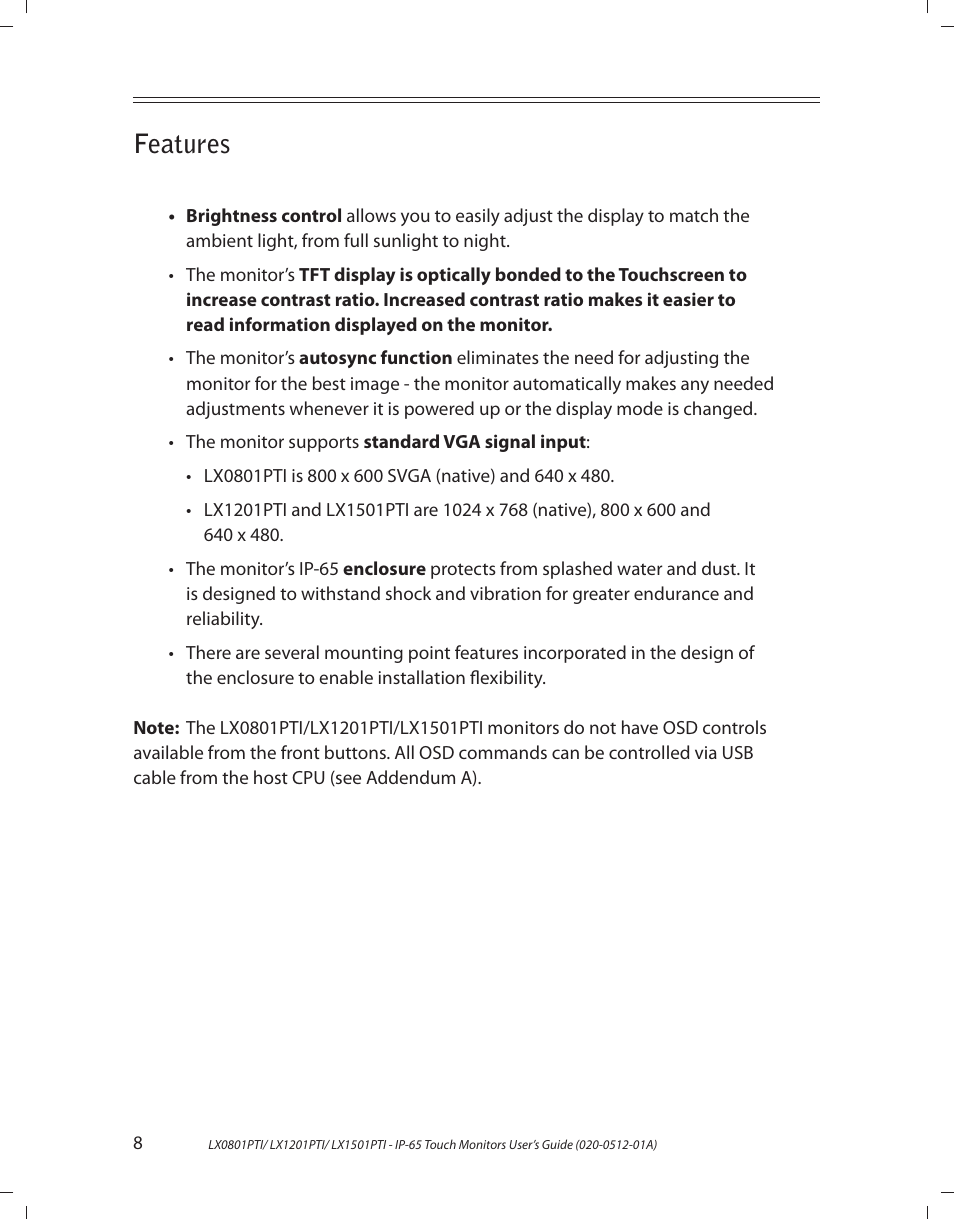 Features | Planar LX1201PTI User Manual | Page 8 / 27