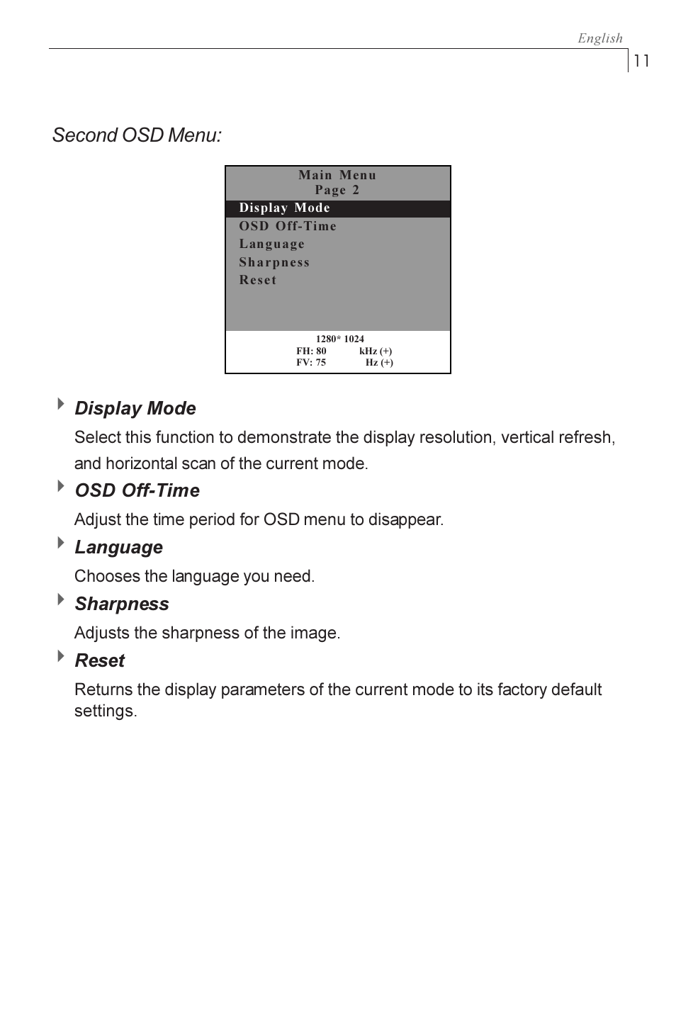 Second osd menu | Planar PX1710M User Manual | Page 13 / 20
