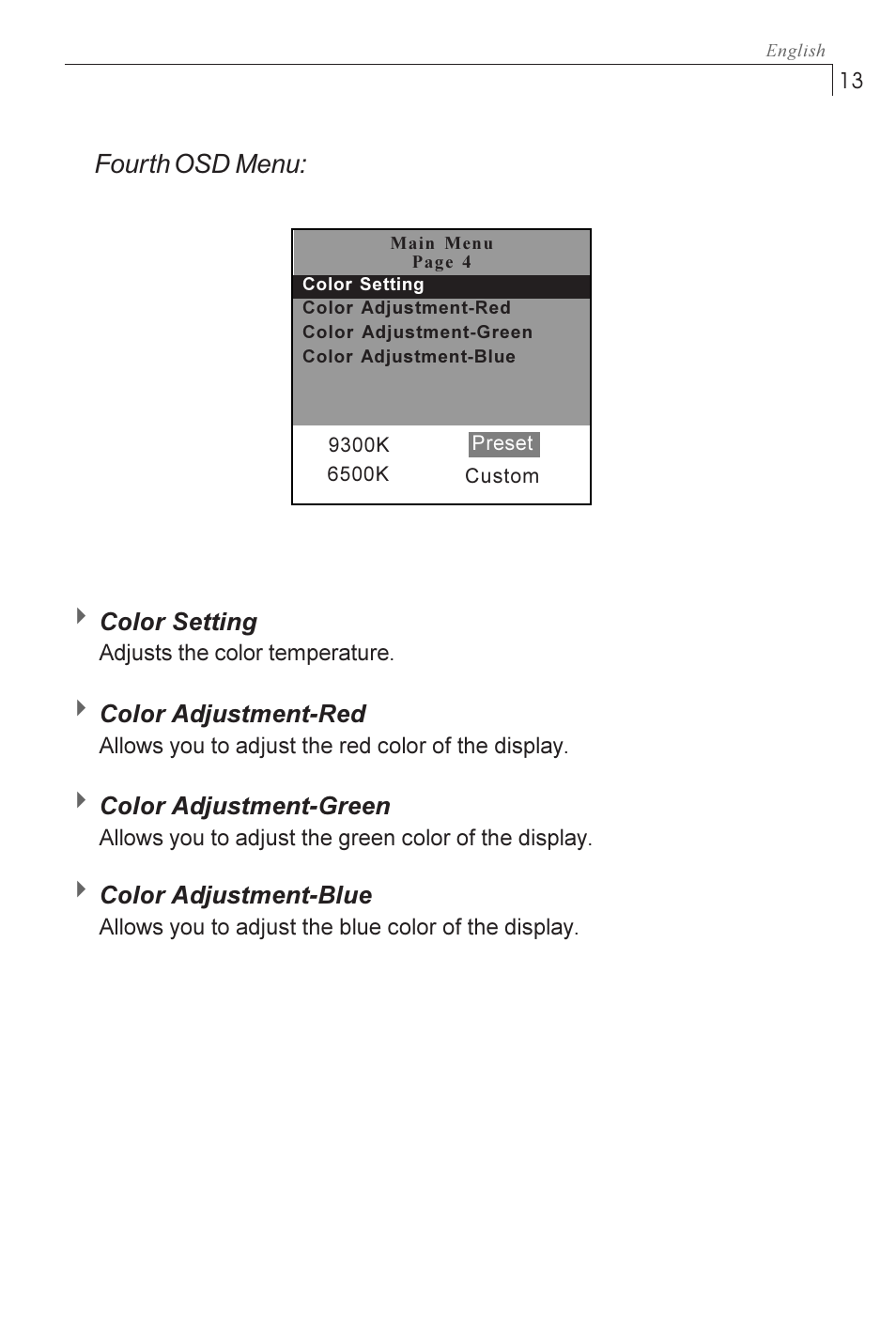 Fourth osd menu | Planar PX1710M User Manual | Page 15 / 20